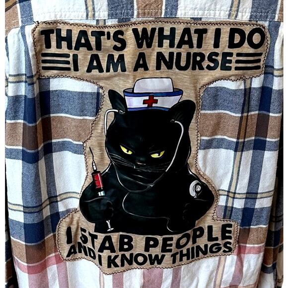Sarcastic Cat Plaid Flannel Shirt Shacket LARGE Nurse Gift Oversize Unique Funny - Picture 2 of 6